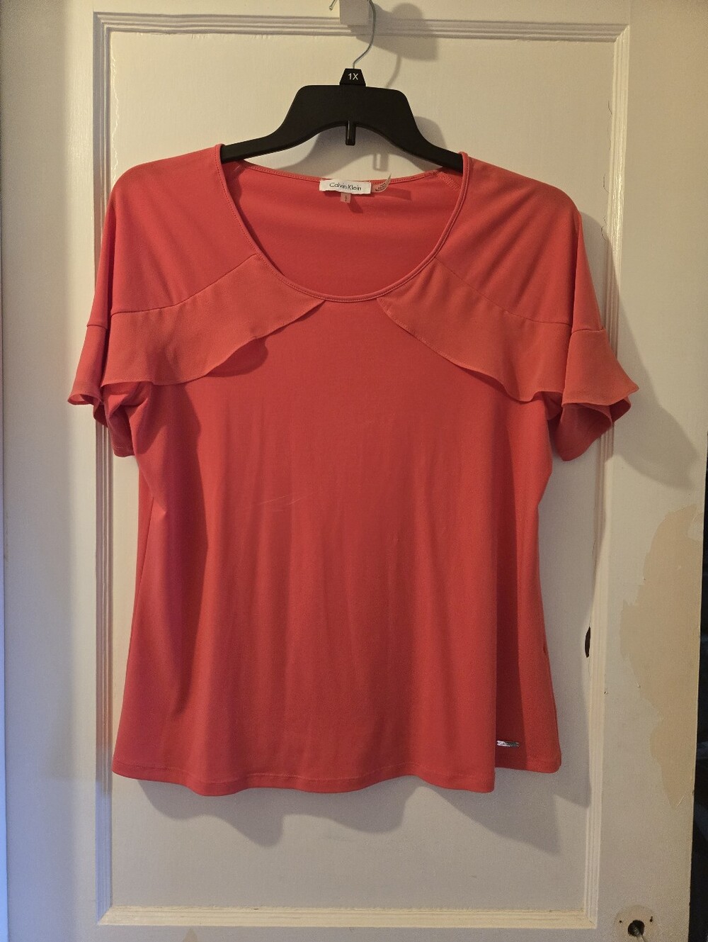 Calvin Klein Coral Ruffle Sleeve Scoop Neck Blouse
